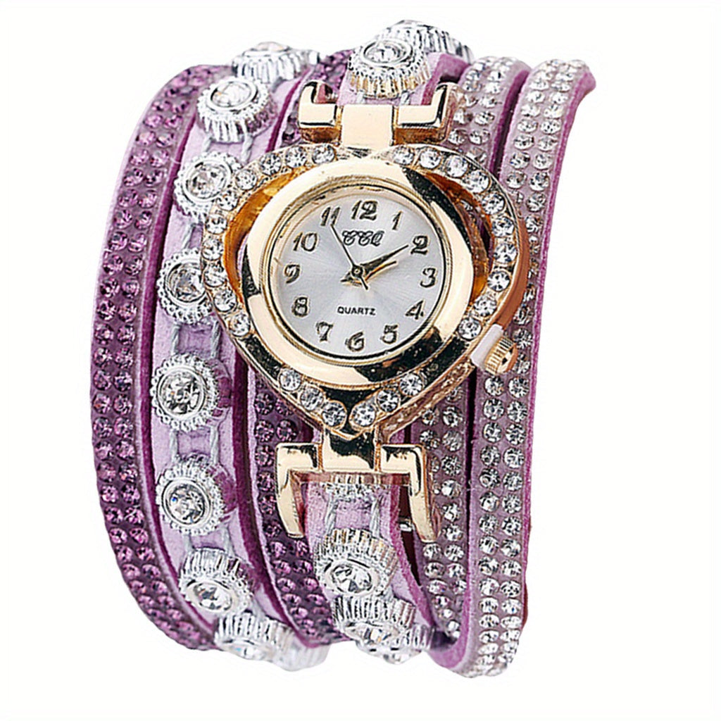 Women's Luxury Rhinestone Bracelet Watch – Multilayer Heart Dial Quartz Analog Wristwatch Ladies Fashion Jewelry Watch Gift in 5 Colors White Black Purple Green Rose