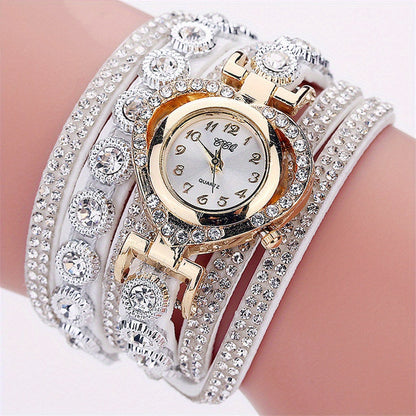Women's Luxury Rhinestone Bracelet Watch – Multilayer Heart Dial Quartz Analog Wristwatch Ladies Fashion Jewelry Watch Gift in 5 Colors White Black Purple Green Rose