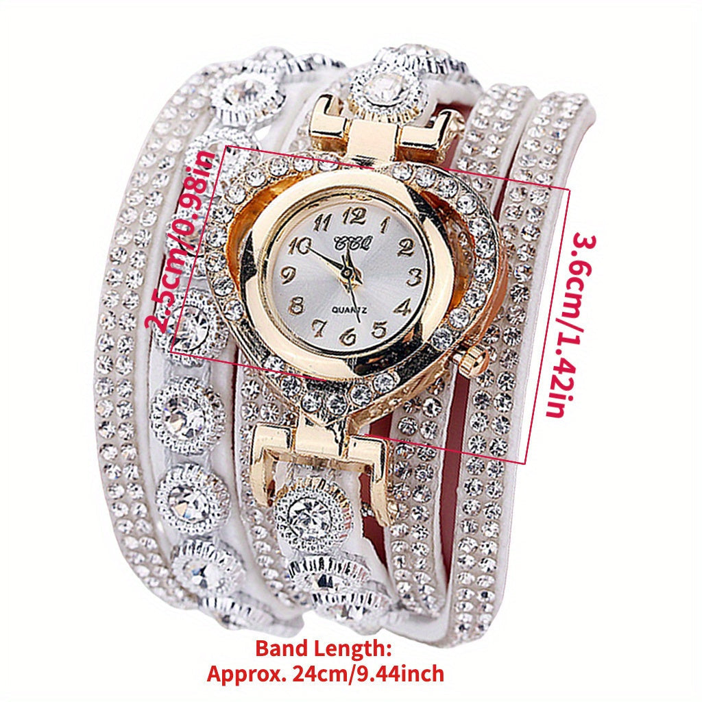Women's Luxury Rhinestone Bracelet Watch – Multilayer Heart Dial Quartz Analog Wristwatch Ladies Fashion Jewelry Watch Gift in 5 Colors White Black Purple Green Rose
