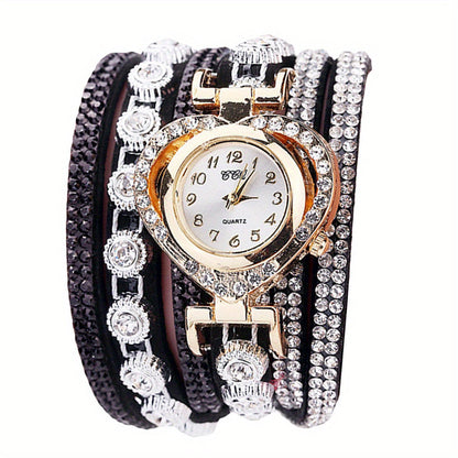Women's Luxury Rhinestone Bracelet Watch – Multilayer Heart Dial Quartz Analog Wristwatch Ladies Fashion Jewelry Watch Gift in 5 Colors White Black Purple Green Rose