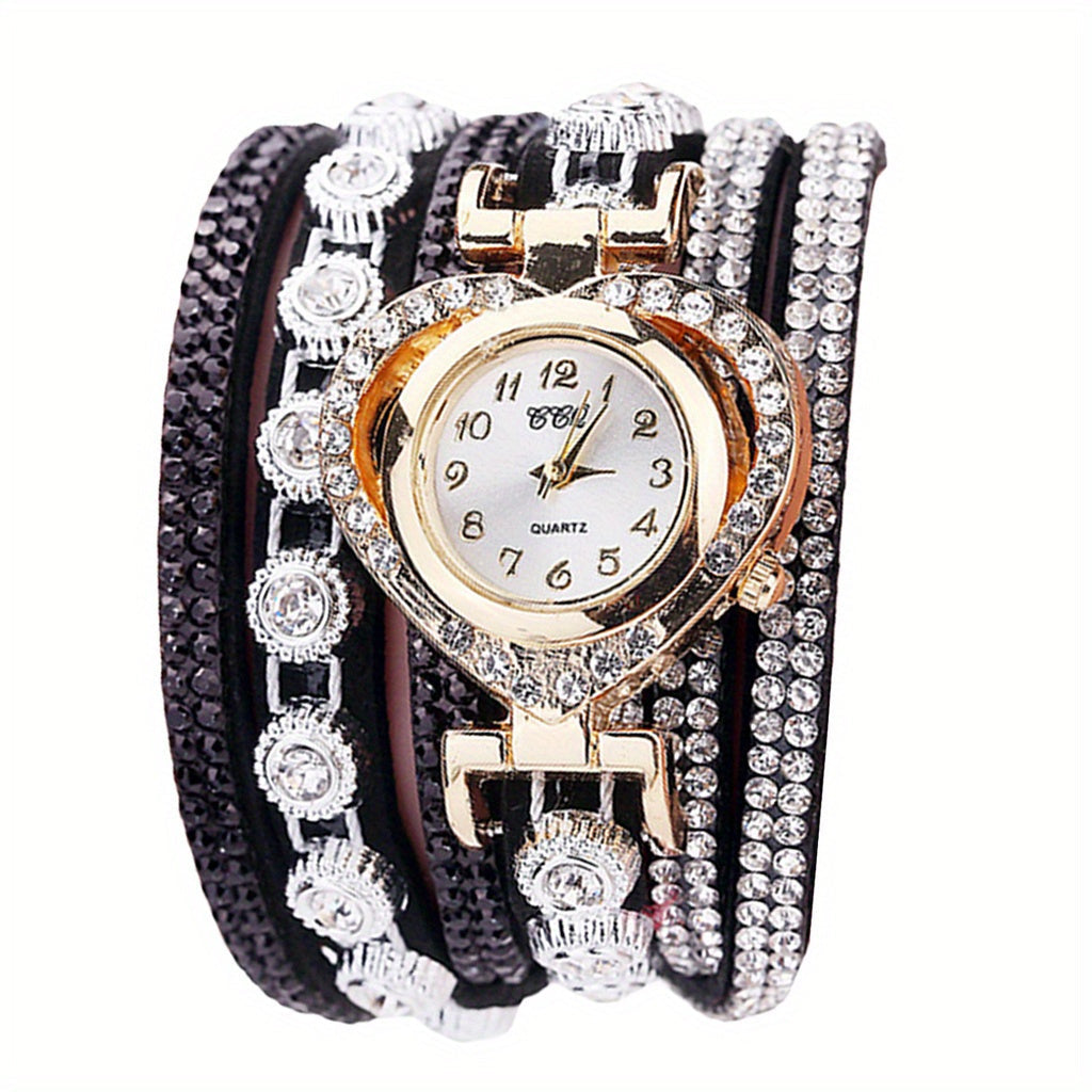 Women's Luxury Rhinestone Bracelet Watch – Multilayer Heart Dial Quartz Analog Wristwatch Ladies Fashion Jewelry Watch Gift in 5 Colors White Black Purple Green Rose