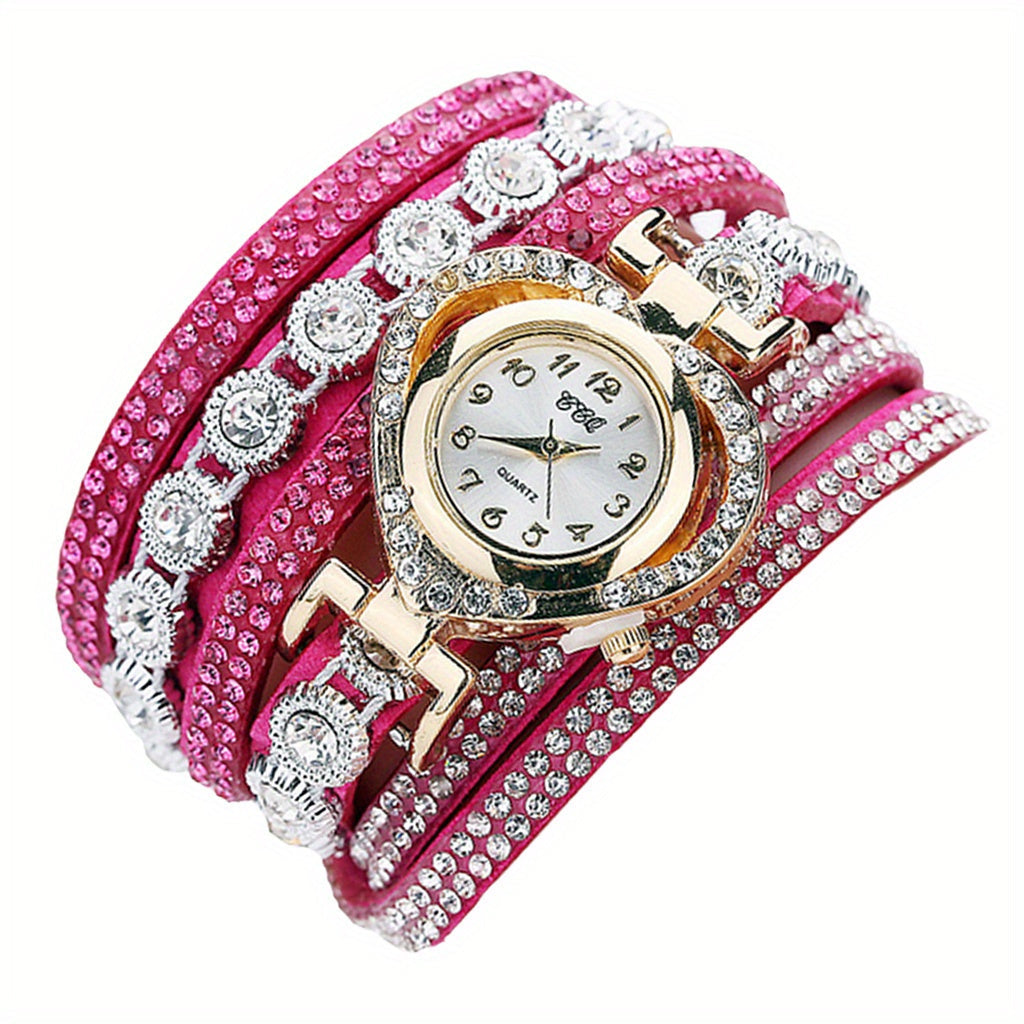 Women's Luxury Rhinestone Bracelet Watch – Multilayer Heart Dial Quartz Analog Wristwatch Ladies Fashion Jewelry Watch Gift in 5 Colors White Black Purple Green Rose