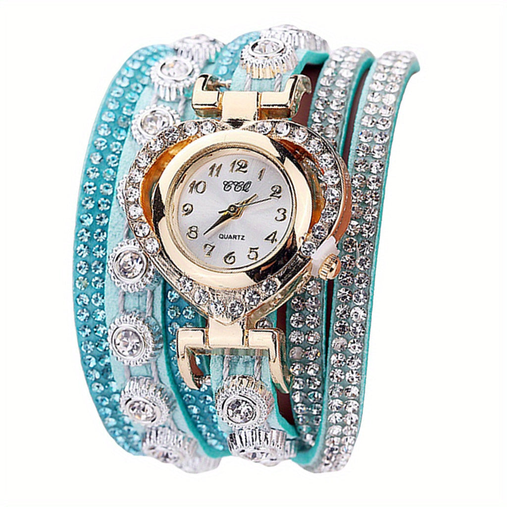 Women's Luxury Rhinestone Bracelet Watch – Multilayer Heart Dial Quartz Analog Wristwatch Ladies Fashion Jewelry Watch Gift in 5 Colors White Black Purple Green Rose