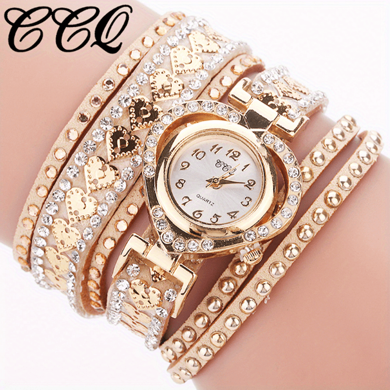 Women Fashion Long Strap Rhinestone Bracelet Watch – Ladies Casual Dress Wristwatch with Quartz Movement, Zinc Alloy Case, 4 Colors