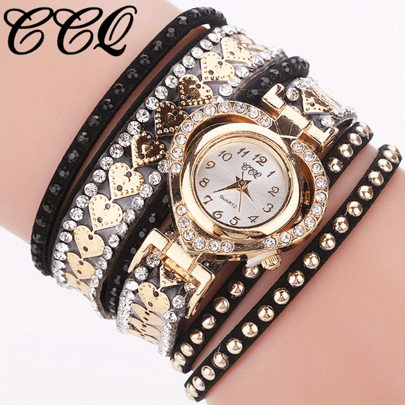 Women Fashion Long Strap Rhinestone Bracelet Watch – Ladies Casual Dress Wristwatch with Quartz Movement, Zinc Alloy Case, 4 Colors
