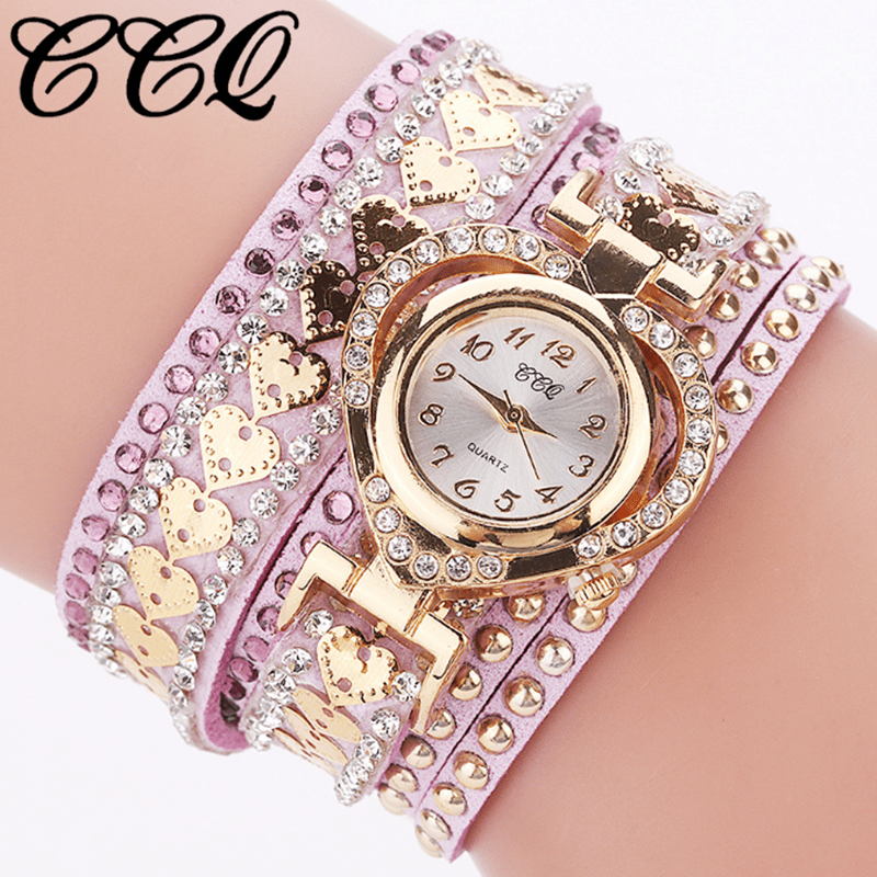 Women Fashion Long Strap Rhinestone Bracelet Watch – Ladies Casual Dress Wristwatch with Quartz Movement, Zinc Alloy Case, 4 Colors