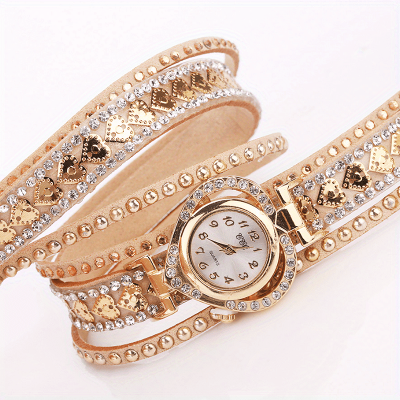 Women Fashion Long Strap Rhinestone Bracelet Watch – Ladies Casual Dress Wristwatch with Quartz Movement, Zinc Alloy Case, 4 Colors