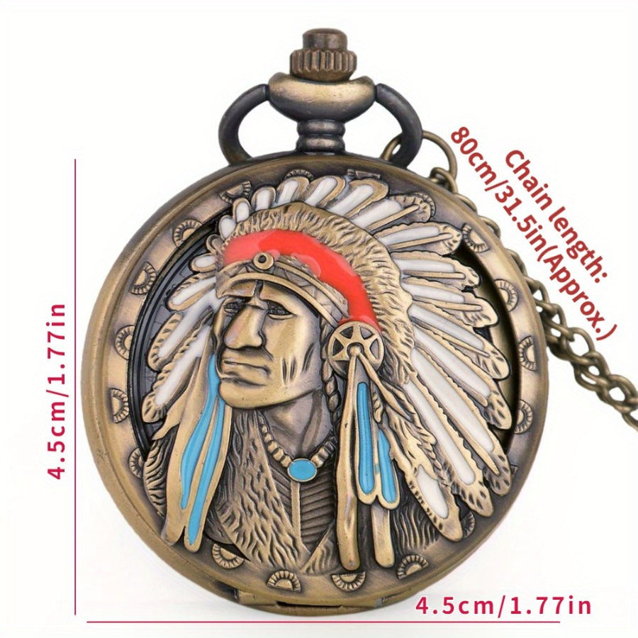 Vintage Bronze Quartz Fob Pocket Watch with Necklace Chain – Ancient Indian Colorful Portrait Design, Zinc Alloy Case, Unique Collector's Souvenir & Gift for Men