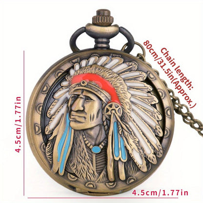 Vintage Bronze Quartz Fob Pocket Watch with Necklace Chain – Ancient Indian Colorful Portrait Design, Zinc Alloy Case, Unique Collector's Souvenir & Gift for Men