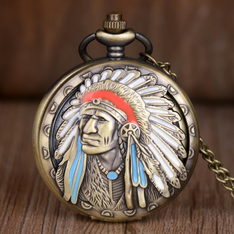 Vintage Bronze Quartz Fob Pocket Watch with Necklace Chain – Ancient Indian Colorful Portrait Design, Zinc Alloy Case, Unique Collector's Souvenir & Gift for Men