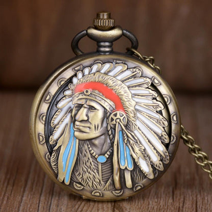Vintage Bronze Quartz Fob Pocket Watch with Necklace Chain – Ancient Indian Colorful Portrait Design, Zinc Alloy Case, Unique Collector's Souvenir & Gift for Men