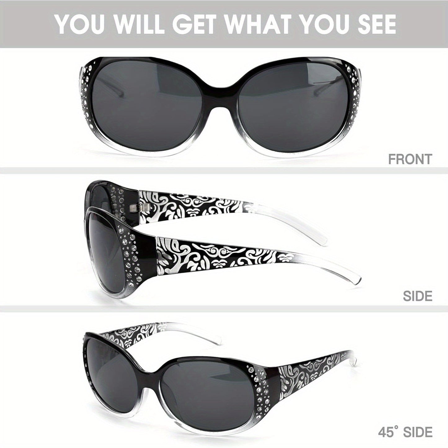 Women's Polarized Wraparound Sunglasses Rhinestone Detail UV Protection Gradient Lens Oversized Shield Shades 4 Colors
