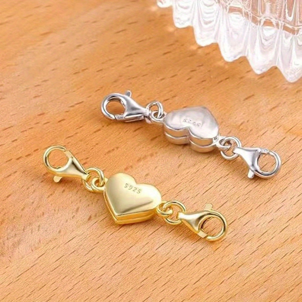 925 Silver Heart-Shaped Magnetic Necklace Clasps & Closures Multi-Pack - Easy-Connect Magnetic Clasp Converter for Jewelry Making, Chain Extender Connector for Necklaces & Bracelets, Gold & Silver