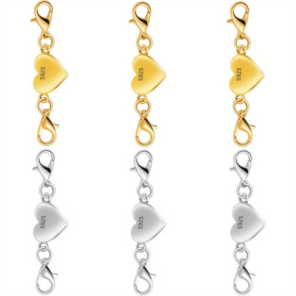 925 Silver Heart-Shaped Magnetic Necklace Clasps & Closures Multi-Pack - Easy-Connect Magnetic Clasp Converter for Jewelry Making, Chain Extender Connector for Necklaces & Bracelets, Gold & Silver
