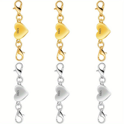 925 Silver Heart-Shaped Magnetic Necklace Clasps & Closures Multi-Pack - Easy-Connect Magnetic Clasp Converter for Jewelry Making, Chain Extender Connector for Necklaces & Bracelets, Gold & Silver