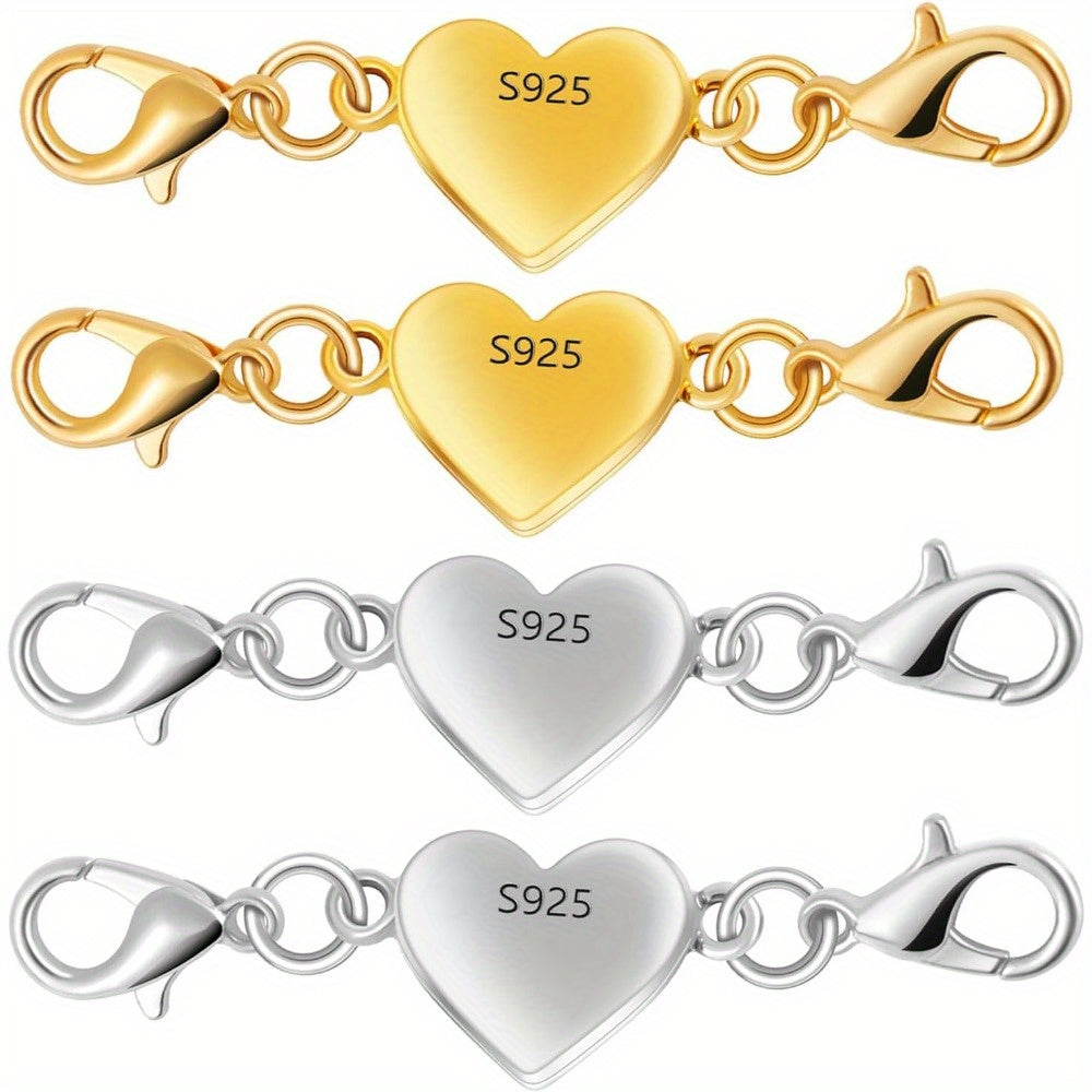 925 Silver Heart-Shaped Magnetic Necklace Clasps & Closures Multi-Pack - Easy-Connect Magnetic Clasp Converter for Jewelry Making, Chain Extender Connector for Necklaces & Bracelets, Gold & Silver