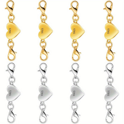 925 Silver Heart-Shaped Magnetic Necklace Clasps & Closures Multi-Pack - Easy-Connect Magnetic Clasp Converter for Jewelry Making, Chain Extender Connector for Necklaces & Bracelets, Gold & Silver