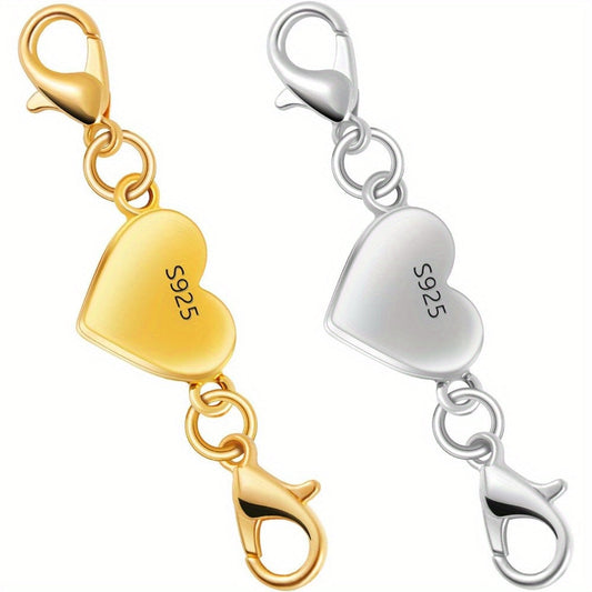 925 Silver Heart-Shaped Magnetic Necklace Clasps & Closures Multi-Pack - Easy-Connect Magnetic Clasp Converter for Jewelry Making, Chain Extender Connector for Necklaces & Bracelets, Gold & Silver