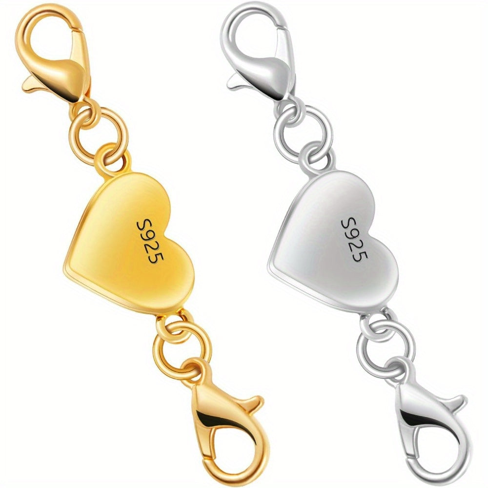 925 Silver Heart-Shaped Magnetic Necklace Clasps & Closures Multi-Pack - Easy-Connect Magnetic Clasp Converter for Jewelry Making, Chain Extender Connector for Necklaces & Bracelets, Gold & Silver