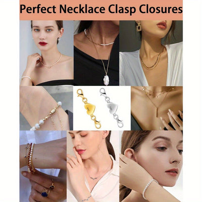 925 Silver Heart-Shaped Magnetic Necklace Clasps & Closures Multi-Pack - Easy-Connect Magnetic Clasp Converter for Jewelry Making, Chain Extender Connector for Necklaces & Bracelets, Gold & Silver