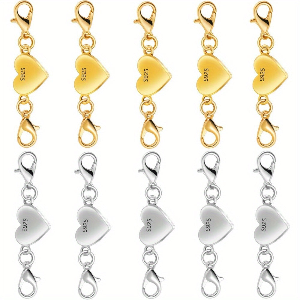 925 Silver Heart-Shaped Magnetic Necklace Clasps & Closures Multi-Pack - Easy-Connect Magnetic Clasp Converter for Jewelry Making, Chain Extender Connector for Necklaces & Bracelets, Gold & Silver