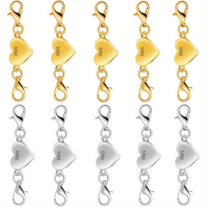 925 Silver Heart-Shaped Magnetic Necklace Clasps & Closures Multi-Pack - Easy-Connect Magnetic Clasp Converter for Jewelry Making, Chain Extender Connector for Necklaces & Bracelets, Gold & Silver