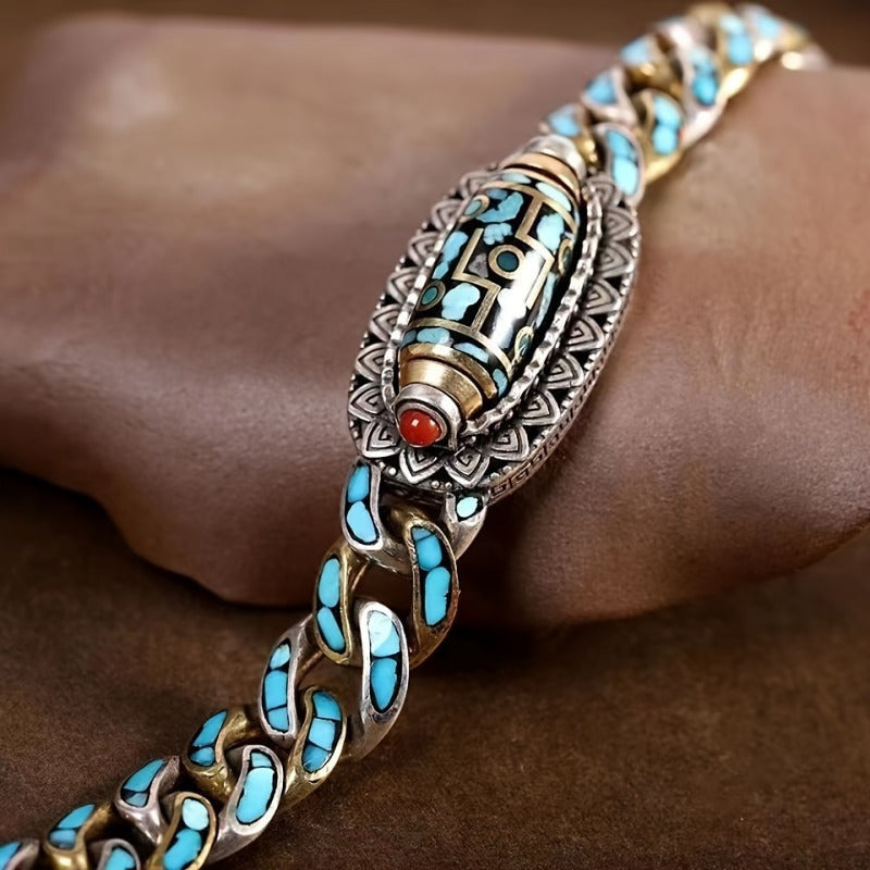 Men's Stainless Steel Chain Bracelet with Turquoise Beads – Cool Unique Boho Wrist Jewelry for Guys, Streetwear Accessory, Casual & Fashion Statement Bracelet