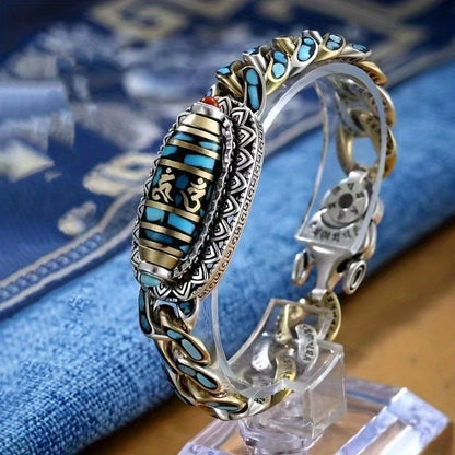 Men's Stainless Steel Chain Bracelet with Turquoise Beads – Cool Unique Boho Wrist Jewelry for Guys, Streetwear Accessory, Casual & Fashion Statement Bracelet