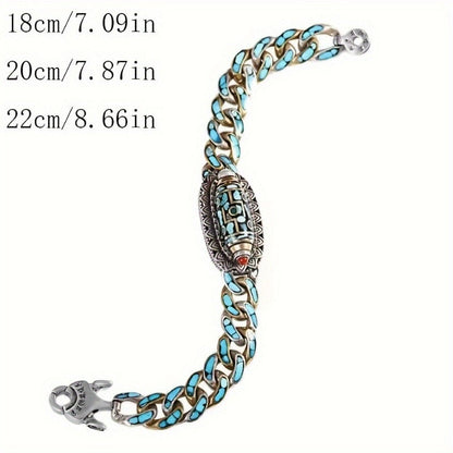 Men's Stainless Steel Chain Bracelet with Turquoise Beads – Cool Unique Boho Wrist Jewelry for Guys, Streetwear Accessory, Casual & Fashion Statement Bracelet