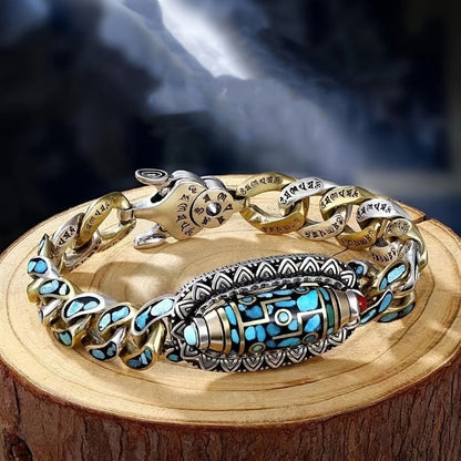 Men's Stainless Steel Chain Bracelet with Turquoise Beads – Cool Unique Boho Wrist Jewelry for Guys, Streetwear Accessory, Casual & Fashion Statement Bracelet