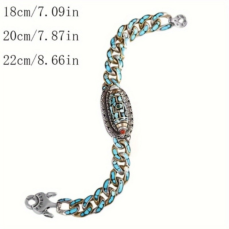 Men's Stainless Steel Chain Bracelet with Turquoise Beads – Cool Unique Boho Wrist Jewelry for Guys, Streetwear Accessory, Casual & Fashion Statement Bracelet