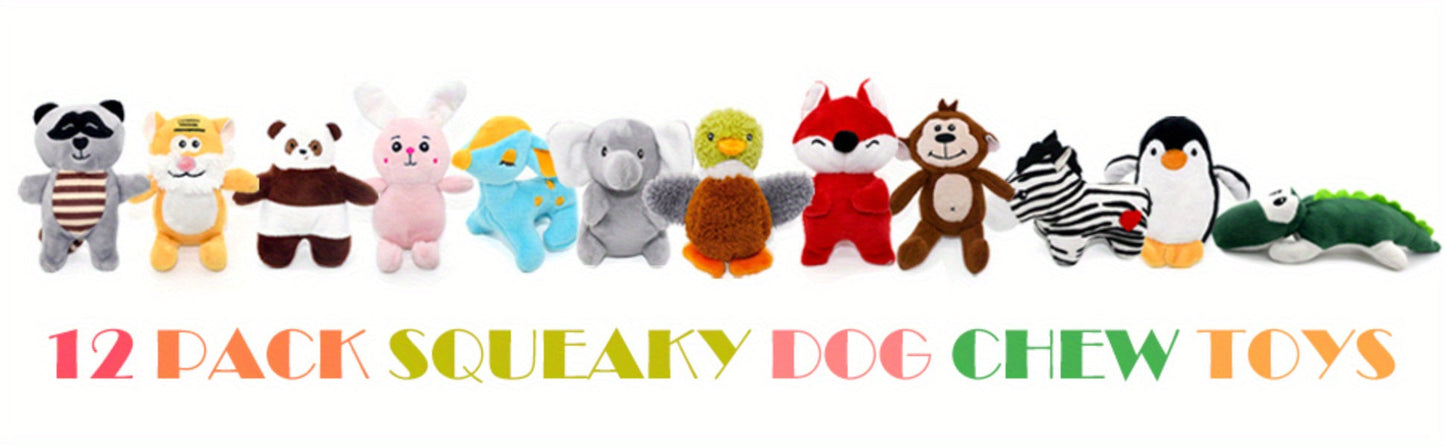 12-Pack Squeaky Stuffed Animal Dog Toys Plush Puppy Toys for Small Medium Dogs - Soft Chew Teething Toys with Gift Box Fox Tiger Rabbit Panda & More