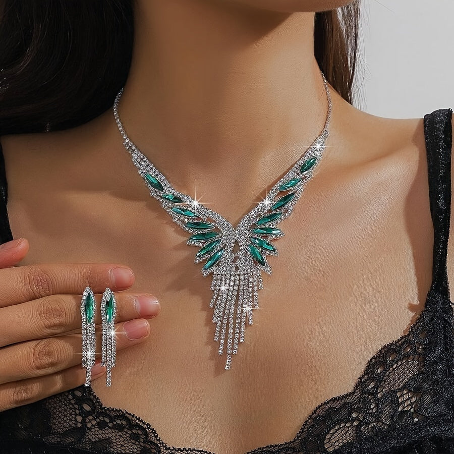 Crystal Rhinestone and Green Synthetic Gemstone Jewelry Set for Women – Elegant 2 Piece Necklace and Earrings Set, Opulent Bridal Wedding Party Prom Jewelry Gift for Her Special Occasions