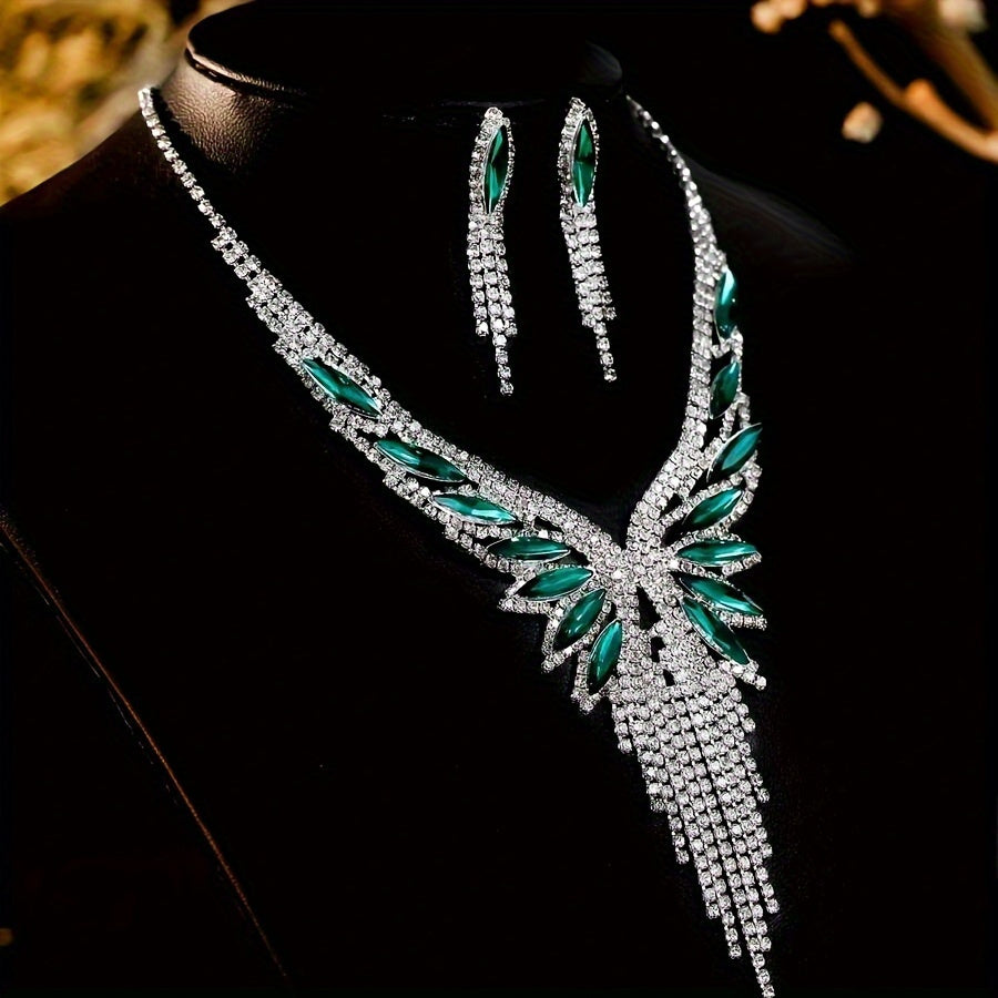 Crystal Rhinestone and Green Synthetic Gemstone Jewelry Set for Women – Elegant 2 Piece Necklace and Earrings Set, Opulent Bridal Wedding Party Prom Jewelry Gift for Her Special Occasions