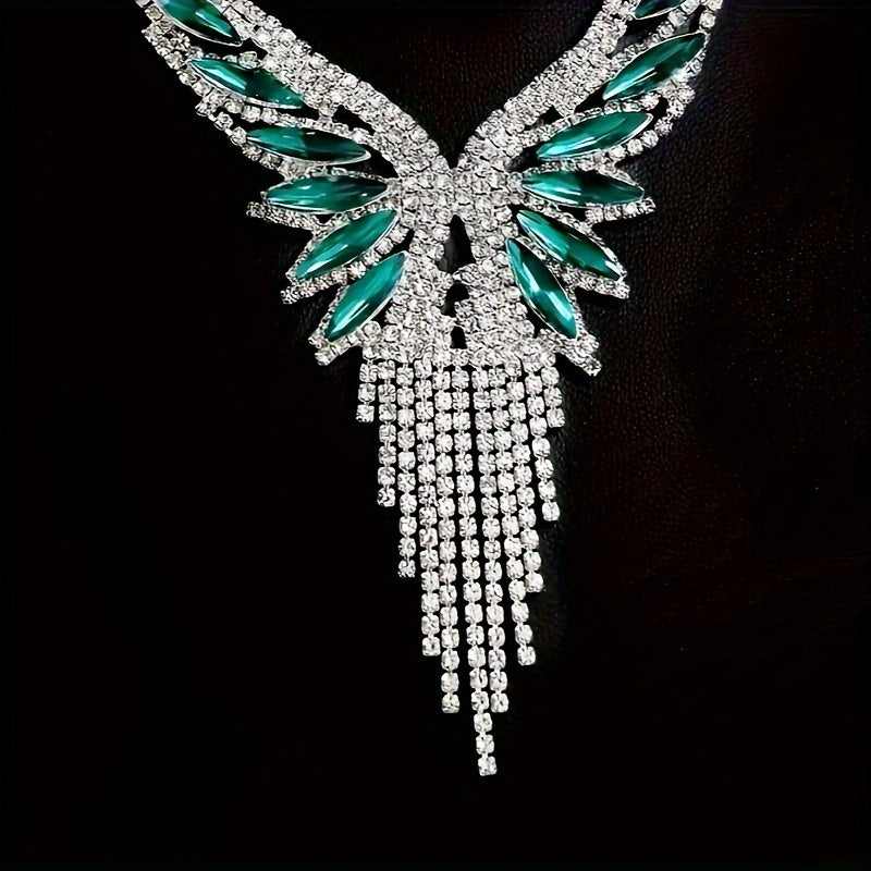 Crystal Rhinestone and Green Synthetic Gemstone Jewelry Set for Women – Elegant 2 Piece Necklace and Earrings Set, Opulent Bridal Wedding Party Prom Jewelry Gift for Her Special Occasions