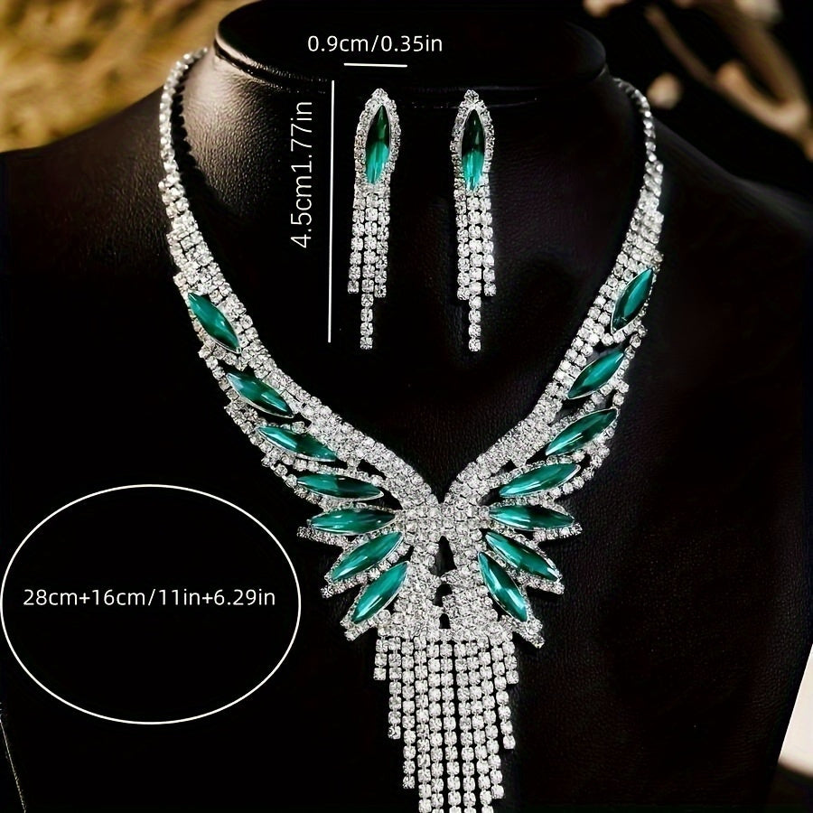 Crystal Rhinestone and Green Synthetic Gemstone Jewelry Set for Women – Elegant 2 Piece Necklace and Earrings Set, Opulent Bridal Wedding Party Prom Jewelry Gift for Her Special Occasions