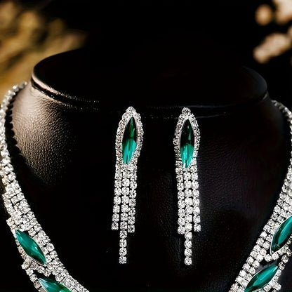 Crystal Rhinestone and Green Synthetic Gemstone Jewelry Set for Women – Elegant 2 Piece Necklace and Earrings Set, Opulent Bridal Wedding Party Prom Jewelry Gift for Her Special Occasions