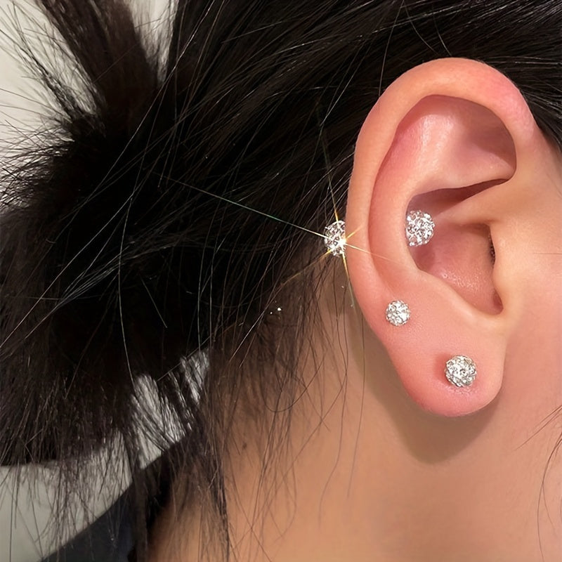 4Pcs 925 Sterling Silver Earrings Set – Boho Sphere Stud Earrings with Cubic Zirconia Inlay, Dainty Luxury Fashion Jewelry Gift for Women, Hypoallergenic Silver Earring Set