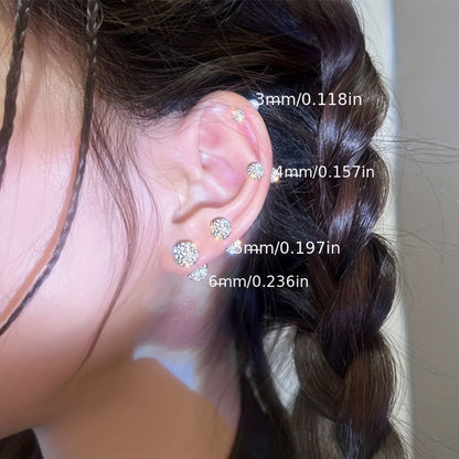 4Pcs 925 Sterling Silver Earrings Set – Boho Sphere Stud Earrings with Cubic Zirconia Inlay, Dainty Luxury Fashion Jewelry Gift for Women, Hypoallergenic Silver Earring Set