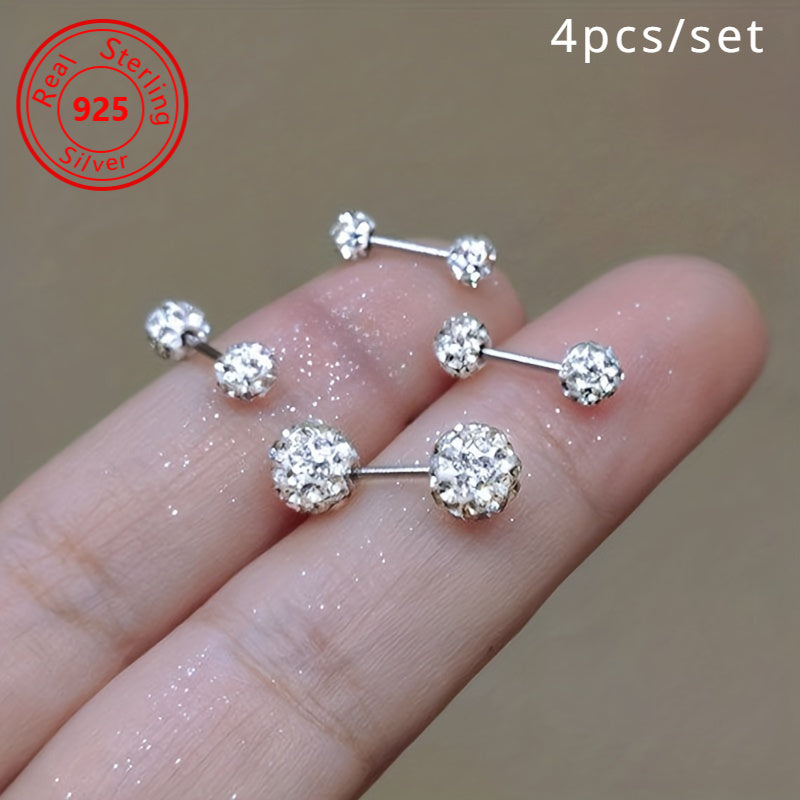 4Pcs 925 Sterling Silver Earrings Set – Boho Sphere Stud Earrings with Cubic Zirconia Inlay, Dainty Luxury Fashion Jewelry Gift for Women, Hypoallergenic Silver Earring Set