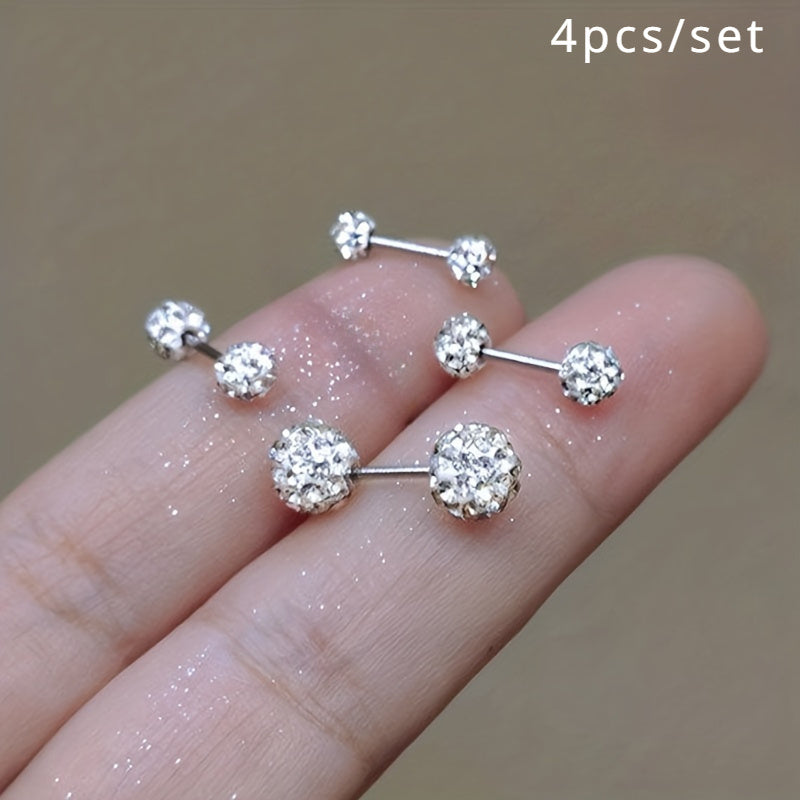 4Pcs 925 Sterling Silver Earrings Set – Boho Sphere Stud Earrings with Cubic Zirconia Inlay, Dainty Luxury Fashion Jewelry Gift for Women, Hypoallergenic Silver Earring Set