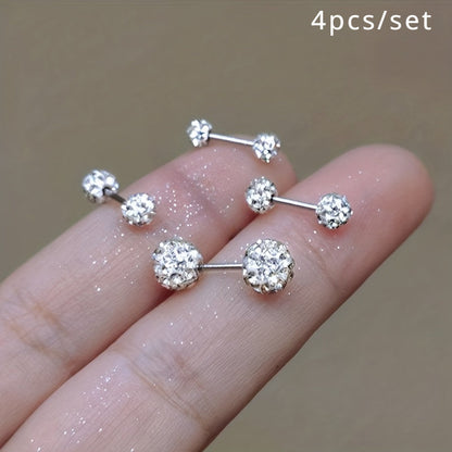4Pcs 925 Sterling Silver Earrings Set – Boho Sphere Stud Earrings with Cubic Zirconia Inlay, Dainty Luxury Fashion Jewelry Gift for Women, Hypoallergenic Silver Earring Set