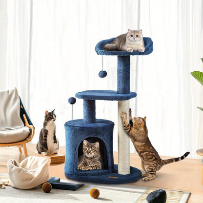 Cat Tree 32 Inch for Indoor Cats – Cozy Condo, Sisal Scratching Post, Plush Perches & Pompom Toys, Denim Blue Cat Tower for Small Medium Cats, Great Cat Furniture Gift