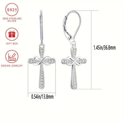 925 Sterling Silver CZ Cross Dangle Earrings with Gift Box – Hypoallergenic Shiny Zirconia Inlaid Faithful Jewelry for Women, Elegant Religious Earrings for Daily Wear, Sports Fan & Gift