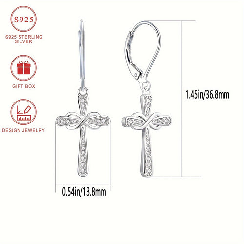 925 Sterling Silver CZ Cross Dangle Earrings with Gift Box – Hypoallergenic Shiny Zirconia Inlaid Faithful Jewelry for Women, Elegant Religious Earrings for Daily Wear, Sports Fan & Gift