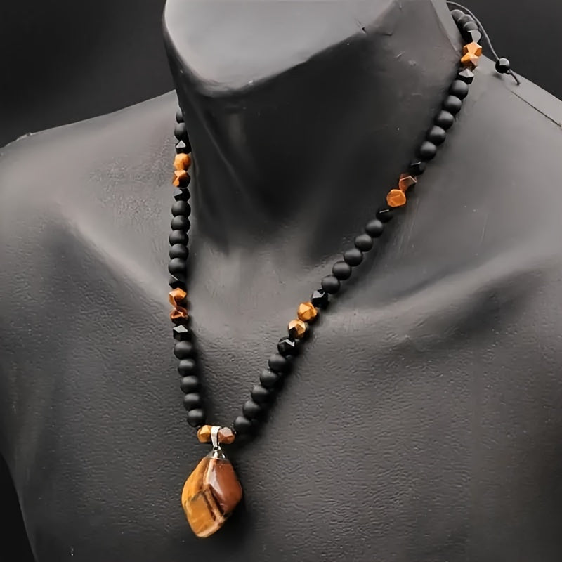 Men's Tiger Eye Necklace 8mm Natural Stone Beaded Pendant Necklace Adjustable Black Agate Long Chain Bohemian Jewelry for Men Gift