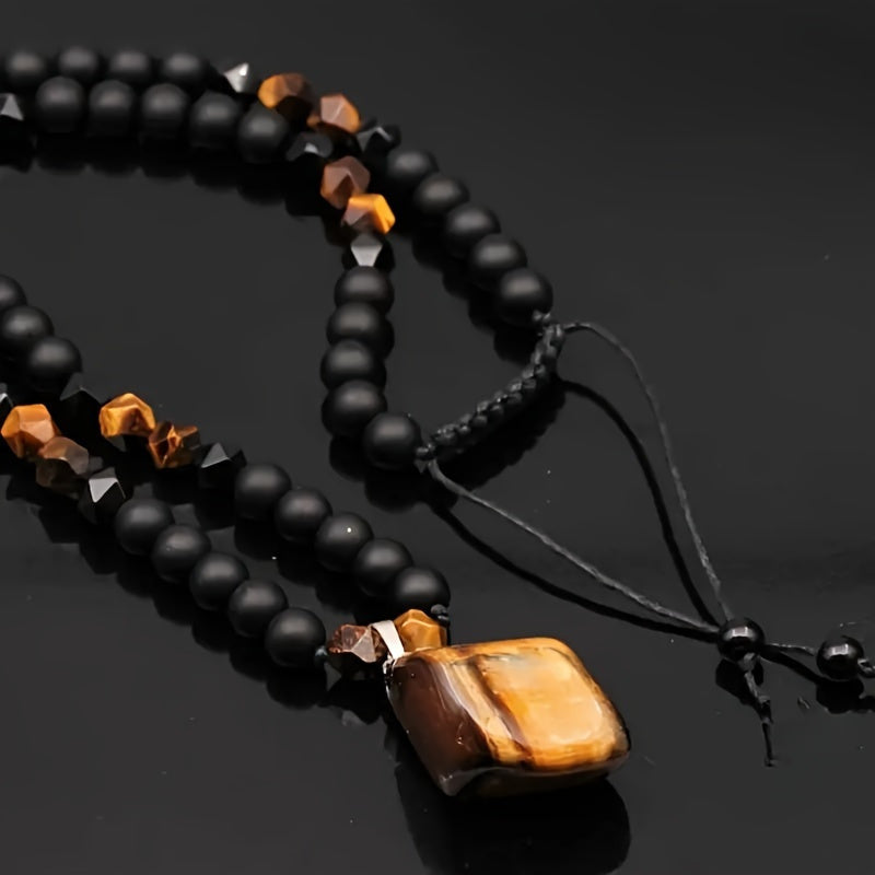 Men's Tiger Eye Necklace 8mm Natural Stone Beaded Pendant Necklace Adjustable Black Agate Long Chain Bohemian Jewelry for Men Gift
