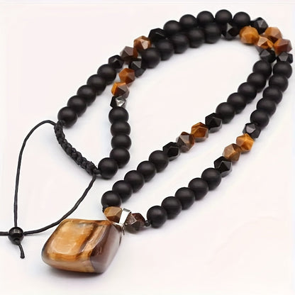 Men's Tiger Eye Necklace 8mm Natural Stone Beaded Pendant Necklace Adjustable Black Agate Long Chain Bohemian Jewelry for Men Gift