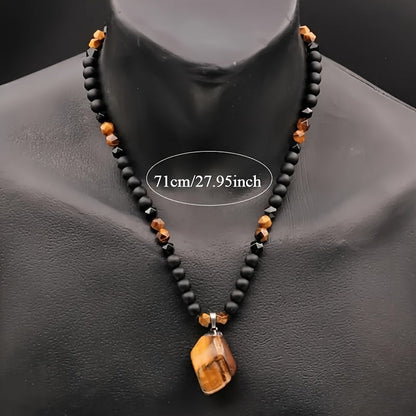 Men's Tiger Eye Necklace 8mm Natural Stone Beaded Pendant Necklace Adjustable Black Agate Long Chain Bohemian Jewelry for Men Gift