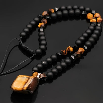 Men's Tiger Eye Necklace 8mm Natural Stone Beaded Pendant Necklace Adjustable Black Agate Long Chain Bohemian Jewelry for Men Gift